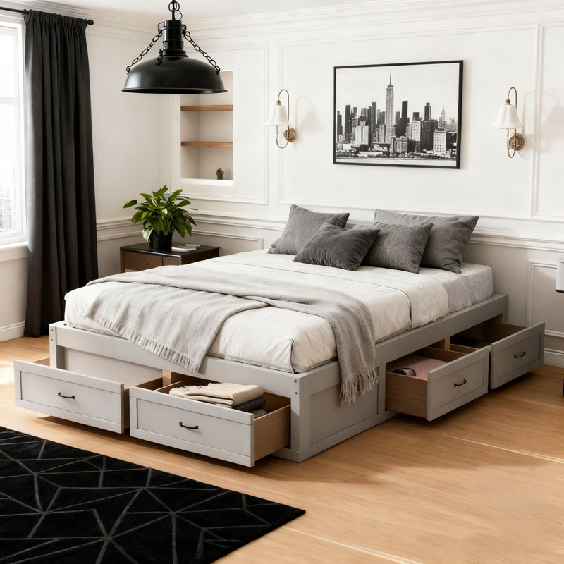 Wood Bed with 6 Storage Drawers, Antique White, Full