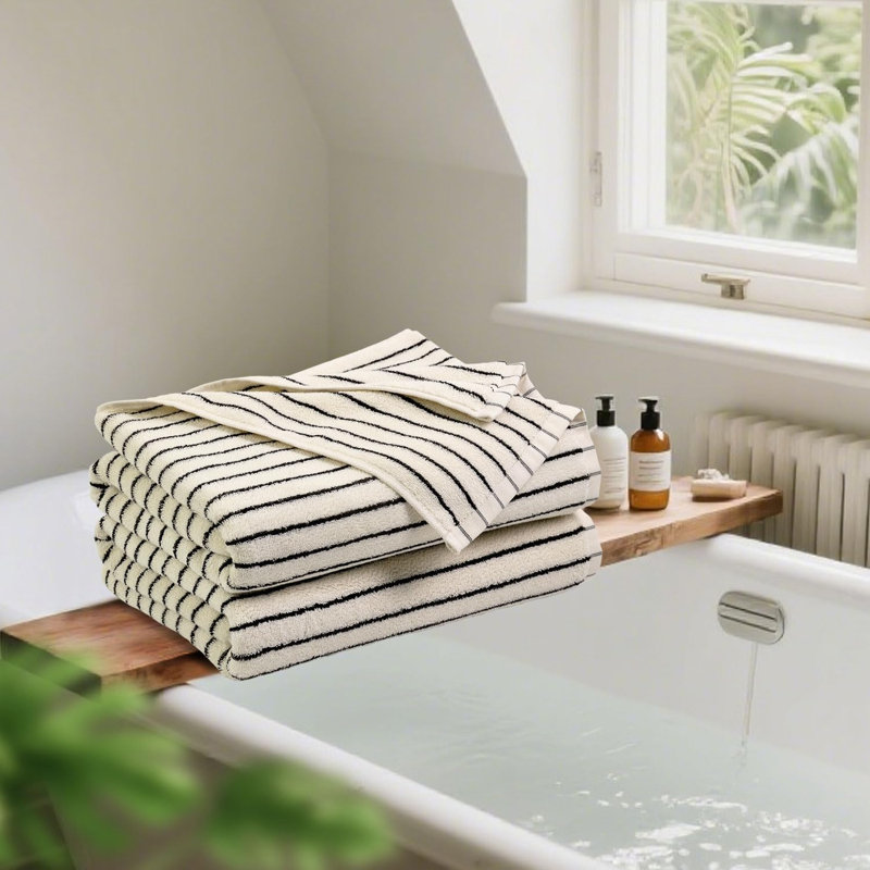 Black and Ivory Striped Bath Towels Set of 2, Lighter & Quick Dry Towels Large 27.5 x 55 inches, Black Stripe