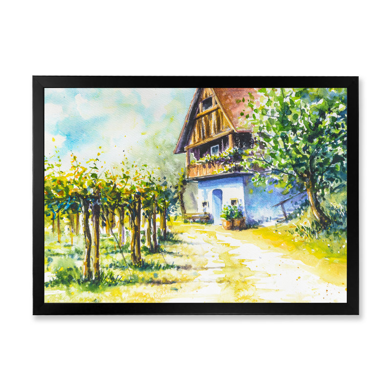 Maison près du vignoble - Peinture sur toile, H 25,5 po x l 33,5 po, Cadre noir