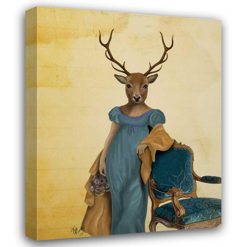 Art sur toile tendue Red Barrel Studio® Fab Funky Gallery: Deer In Blue Dress, H 24 po x l 20 po