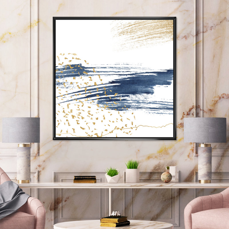 Bleu foncé et or abstrait I - cadre flottant, peinture sur toile, H 16 po x l 16 po x P 1 po, Toile avec cadre noir