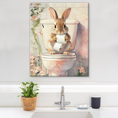 Rose, rose, salle de bain, toile, art mural, lapin sur toilette, affiche, peinture, décoration murale