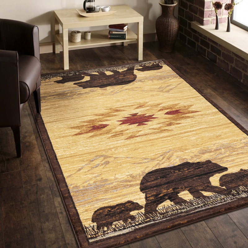 Beige 2ft X 3ft Lodge Area Rug, Polypropylene, Attractive Majestic Mountain & Charming Animal Theme, Stain , For Homes Polypropylene Beige, Pattern, Busy Areas, Turkish Made
