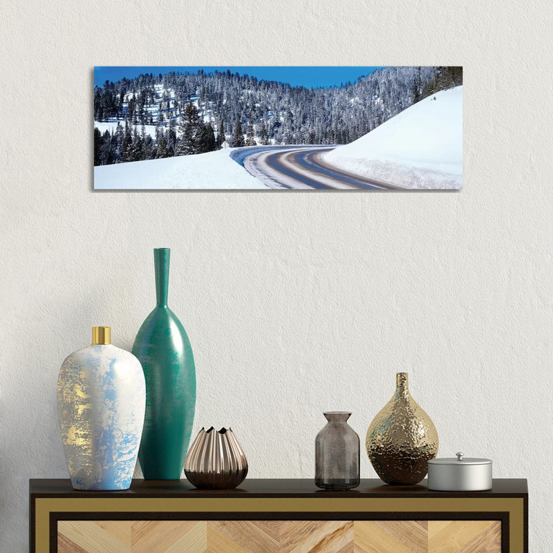 Road Passing Through A Snow Covered Landscape, Big Sky Resort, Montana, USA - Wrapped Canvas Panoramic Print