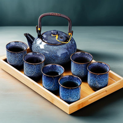 Japanese Porcelain Tea Set With Kiln-Altered Glaze, Includes Teapot With Strainer, 6 Teacups, And Bamboo Tray, Complete Ceramic Gift Set For Traditional Brewing