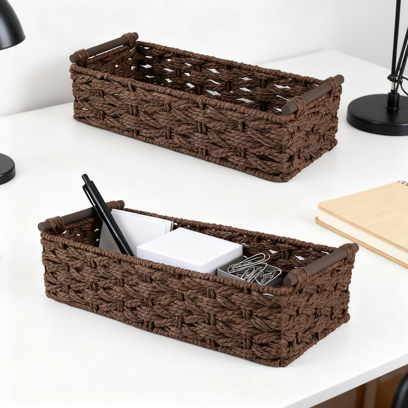 Handmade Paper Rope Storage Baskets With Metal Frame, Decorative Woven Organizer Bin For Bathroom Living Room Bedroom Office Home