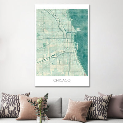Chicago Vintage Blue Watercolour Urban Blueprint Map by Hubert Roguski - Wrapped Canvas Print