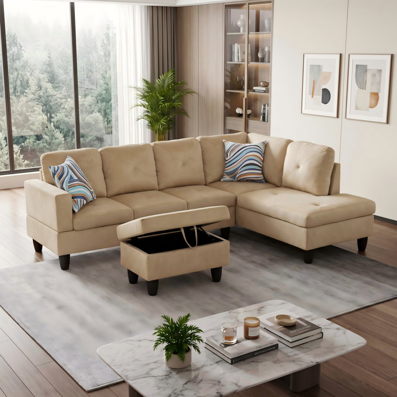 Canapé modulaire rembourré réversible avec repose-pieds, Beige Flannel, Right Hand Facing