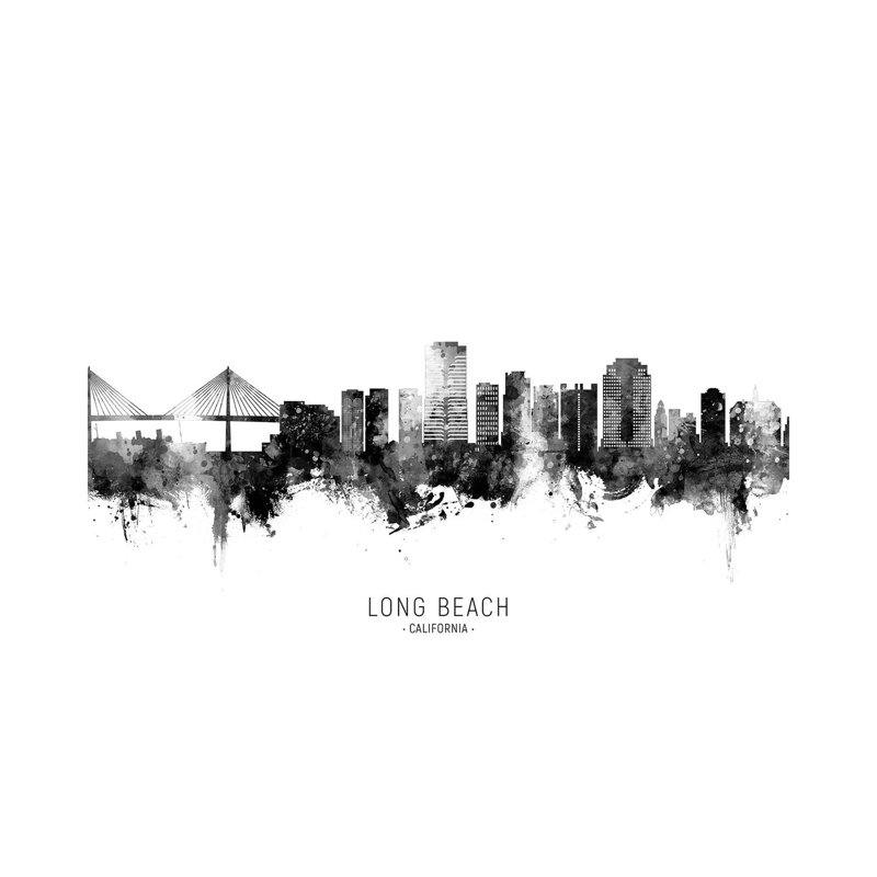 «Long Beach California Skyline Name Bw» par Michael Tompsett, impression sur toile tendue, H 26 po x l 40 po x P 1,5 po
