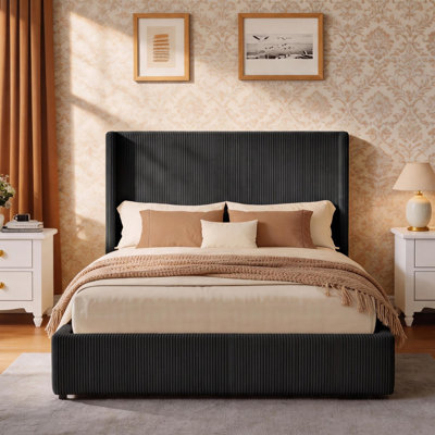 Black Corduroy Platform Bed Frame with 4 Storage Drawers