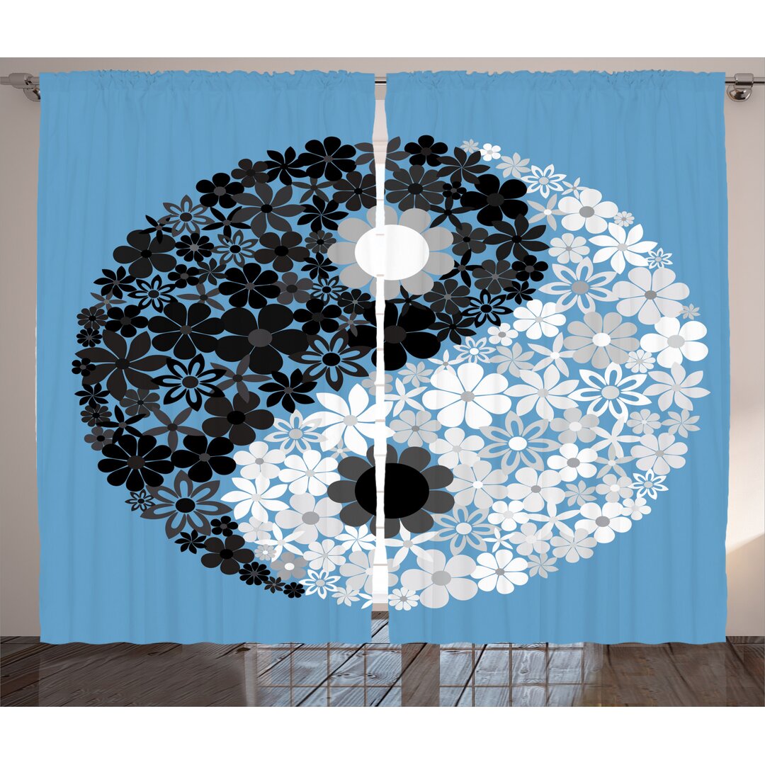 Rustikaler Vorhang, Tao Sign Floral, Ying Yang, Blau Schwarz Grau