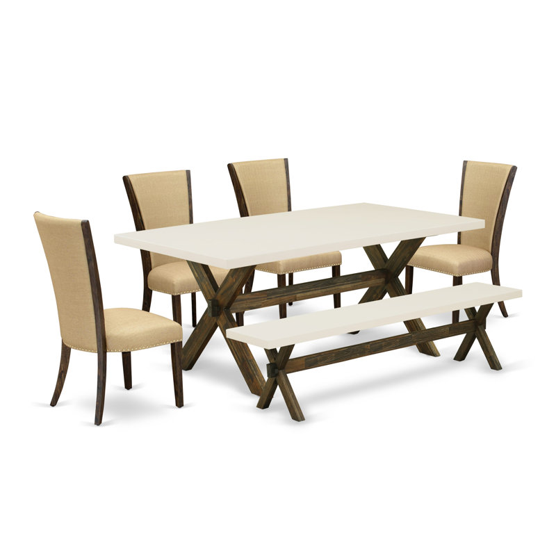 6 Piece Dining Room Table Set Contains a Rectangle Kitchen Table with X-Legs and 4 Brown Linen Fabric Parson Chairs with a Bench, Distressed Jacobean Finish