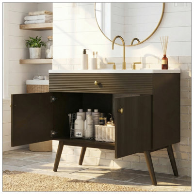 36" Luxury Striped Bathroom Vanity, Soft-Close Dual-Door Storage & Premium Ceramic Sink, Dark Brown