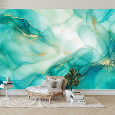 Murale Papier peint auto-adhésif Pastel cyan menthe, marbre liquide, aquarelle, lignes dorées, brosse, papier auto-adhésif amovible, contact mural pour salon, chambre à coucher H 100 po x l 144 po