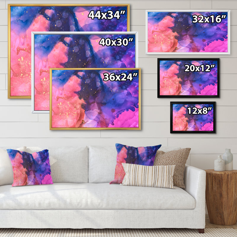 Bleu, rouge, mauve, éclaboussures - art moderne sur toile, H 34 po x l 44 po x P 1,5 po, Cadre flottant brun