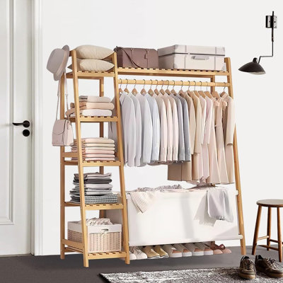 Bamboo Wood 32"/51" W Clothes Rack Garment Rack with Tier Storage Shelves and Coat Hooks Portable Cloest Organizer Garment Rack