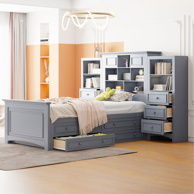 Lit plateforme simple en bois avec armoire verticale tout-en-un et 4 tiroirs de chaque côté, gris