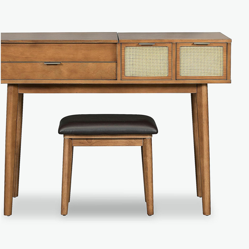 43.3" Classic Wood Makeup Vanity Set with Flip-top Mirror and Stool,Dressing Table with Three Drawers and Storage Space