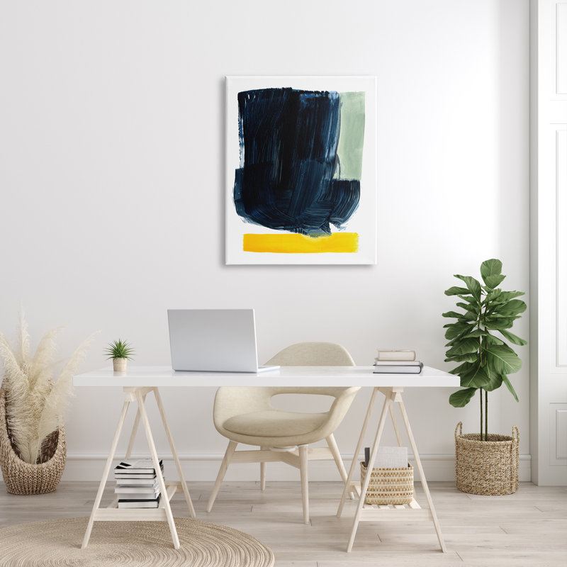 «Modern Blue Field Abstraction Contrast Yellow Green Stretched», art mural par Victoria Barnes, H 40 po x l 30 po