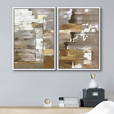 Grunge Abstract Paint Stroke Effect " Mid-Century Brown Pastel Colour Blocks " 2 - Pieces