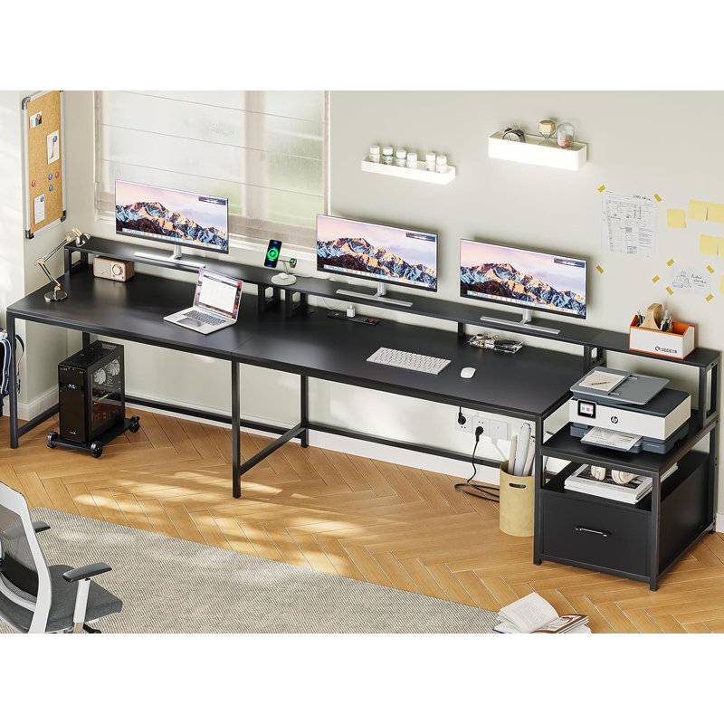 L-Shaped Computer Desk with Power Outlet, Black