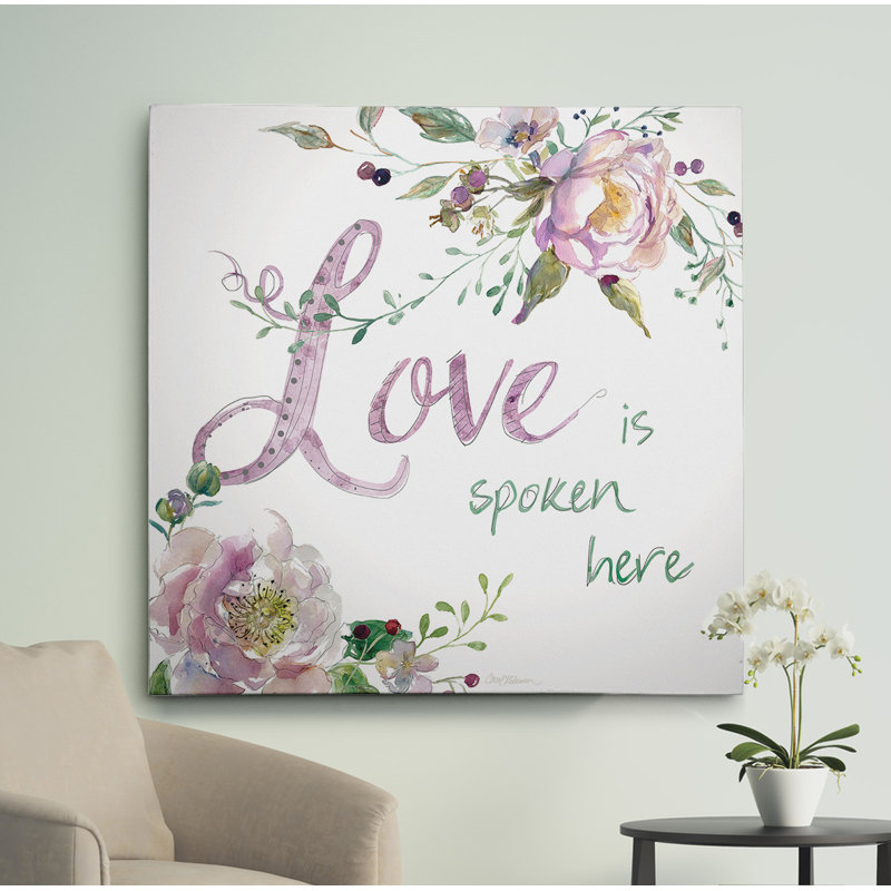 «Love is Spoken Here», reproduction d'art textuel, H 16 po x l 16 po x P 1,5 po, Toile tendue