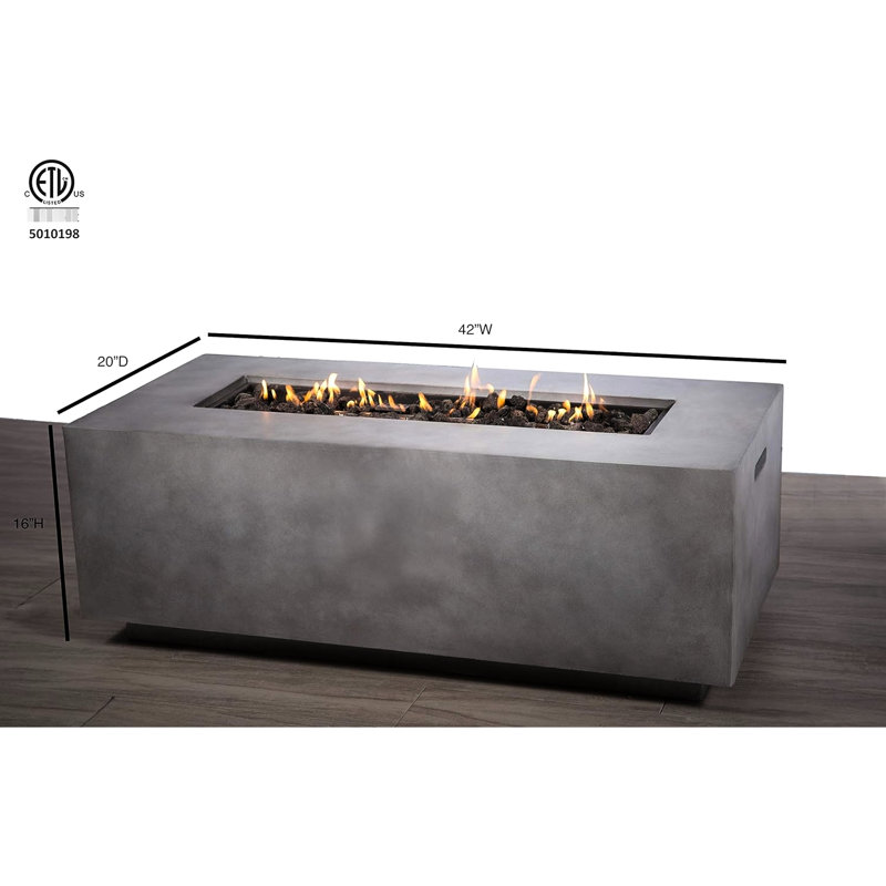 Table de foyer d'extérieur au propane / gaz naturel en béton pour les jardins extérieurs, esthétique contemporaine, largeur de 42 pouces, profondeur de 20 po, hauteur de 15 po, fosse de 74 livres, poignées à mouvement facile, fonctionnement à bouton-poussoir, lave