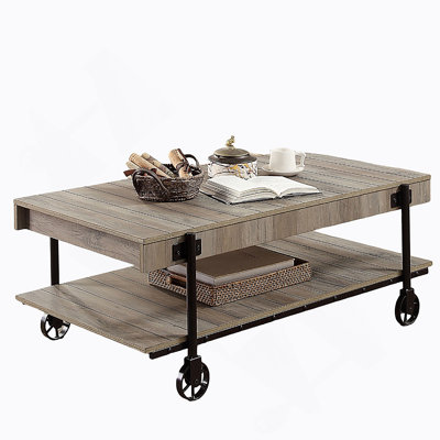 Industrial Style Coffee Table With Open Bottom Shelf, Replicated Wood Top, And Wheel Legs In Natural And Black Finish