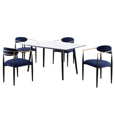 Contemporary 5pc Dining - Rectangular White Sintered Stone Table And Blue Fabric Chairs Ultra-modern Upholstered Chair Assembly