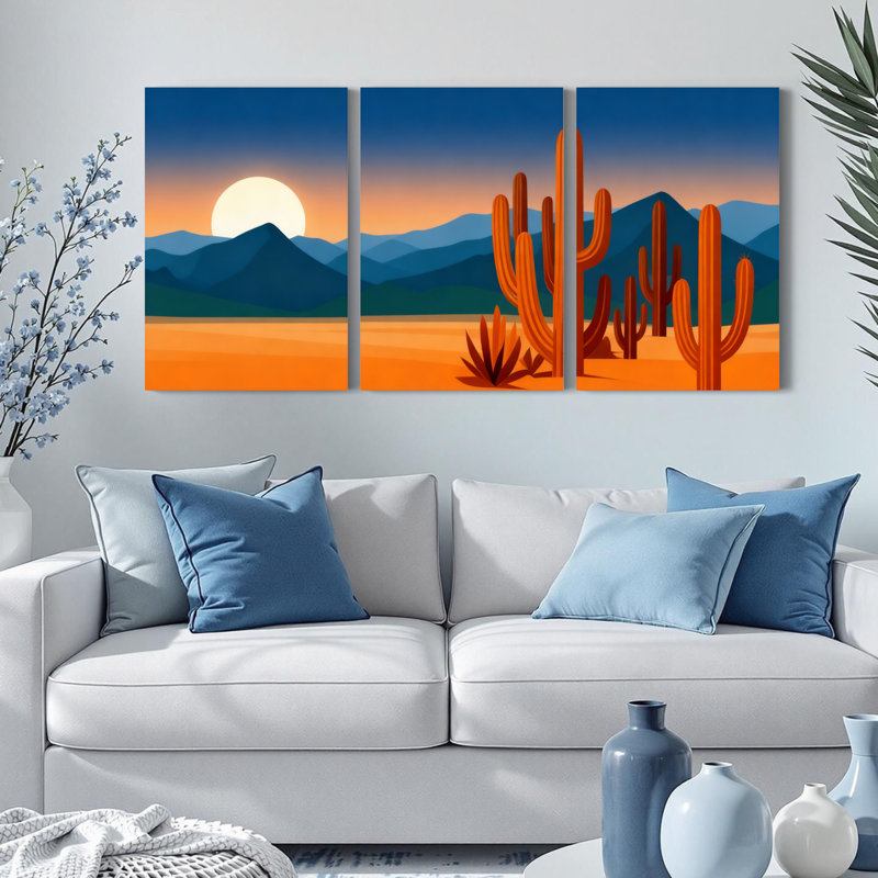 Ensemble de 3 toiles murales imprimées représentant un paysage désertique avec cactus et coucher de soleil sur les montagnes