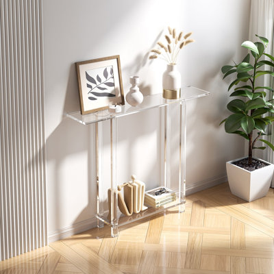 Acrylic Console Table, 2 Tiers Narrow Side Desk with Bottom Open Storage, 7.6 x 39.4 x 31.5 in (Clear), Modern Rectangle Acrylic End Table, Transparent Entry Desk for Foyer, Hallway, Living Room