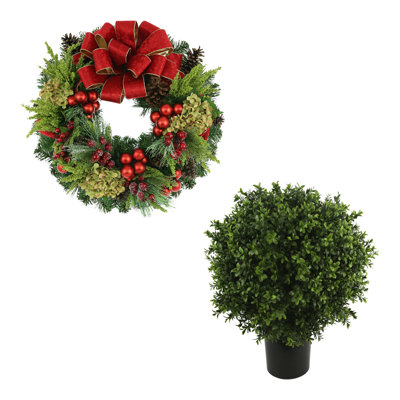 26" Holiday Wreath and UV Rated Boxwood Topiary
