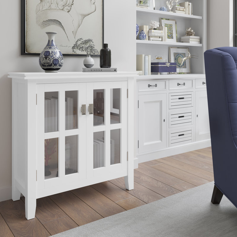 Artisan 30"W Solid Wood Transitional Low Storage Cabinet with Glass Doors and Adjustable Shelves, White