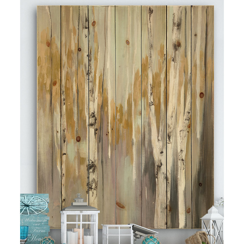 Forêt de bouleaux argentée et jaune II - reproduction de chalet sur bois de pin naturel, H 20 po x l 12 po x P 1po