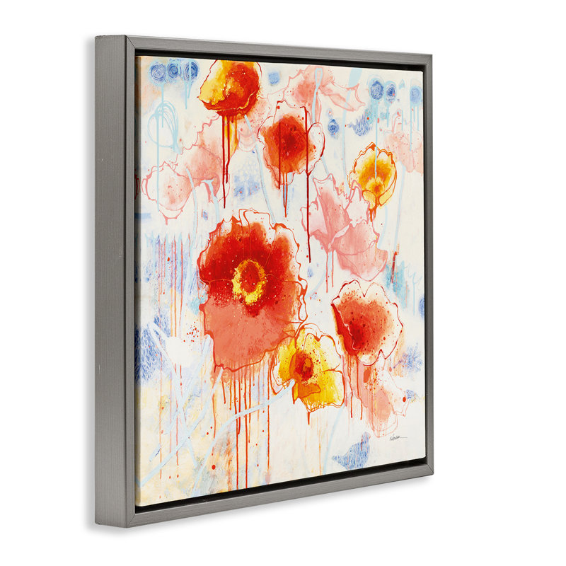 "Dripping Abstract Poppies", encadrée par Shirley Novak, H 18 po x l 18 po, Cadre flottant gris lustré