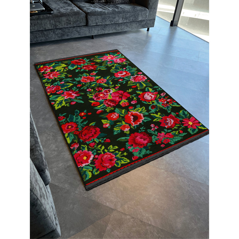 Tapis décoratif moderne noir à motif de franges roses et rouges, Tapis de couloir 3 pi 9,81 po x 9 pi 10,11 po