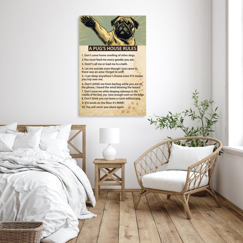 «A Pugs House Rules» - 1 pièce, impression rectangulaire, H 36 po x l 24 po x P 1,25 po