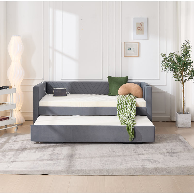 Upholstered Twin Daybed With Trundle, Twin Trundle Daybed Sofa Bed For Bedroom Guest Room, No Box Spring Needed, Gray