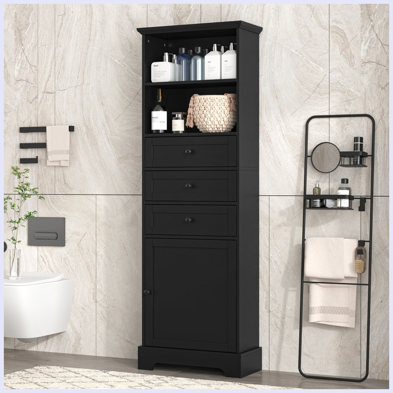 Tall Storage Cabinet with 3 Drawers and Adjustable Shelves for Bathroom, Black