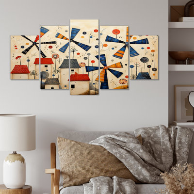  «Folk Art Wind Turbines Village IV - Wind Turbines Multipanel Wall Art for Living Room