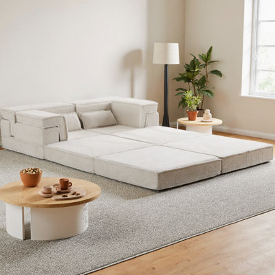 Modular Mahjong Sofa Bed 2-Seater with Ottoman, Convertible Floor L-Shaped Sectional Couch, No Assembly Required Circle Fleece Fabric, Boneless Design