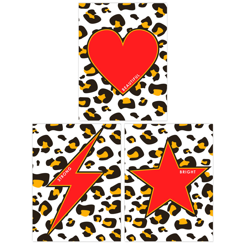 Leopard Pattern Motivational Beautiful Strong Bright Heart Star - 3 Piece No Frame Print Set, Multicoloured Red