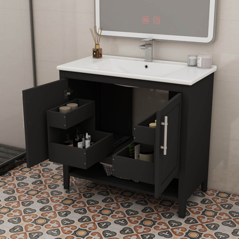 Meuble-lavabo de 36 pouces avec lavabo, portes et tiroirs, Noir, 36"