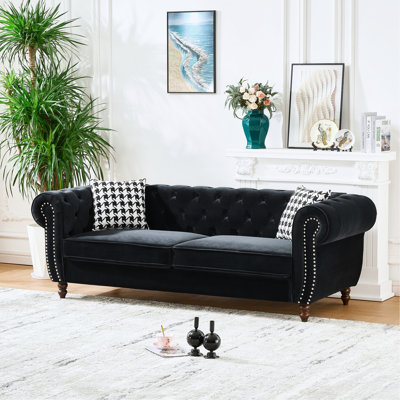 87", 3 Seater, Mid Century Modern, Velvet , Rolled Arms, Nailhead Features, Grey, Pine Wood Base, Medium - Soft Seat Firmness , Decoration, Apartment,