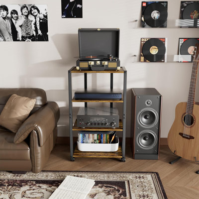 Meuble audio-vidéo avec roulettes, console de jeu à 4 niveaux, chariot pour petits espaces, supports et supports stéréo, idéal pour un tourne-disque, une console de jeux, un lecteur DVD et un projecteur
