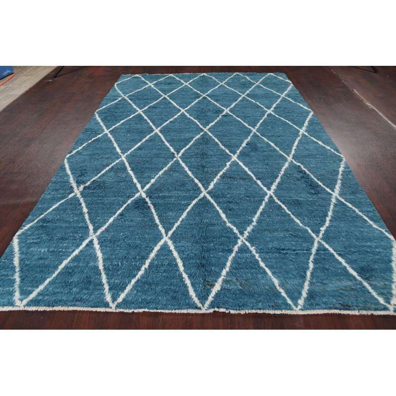 Tapis unique en laine noué à la main bleu / blanc nouvel âge 6 pi 7 po x 9 pi 8 po
