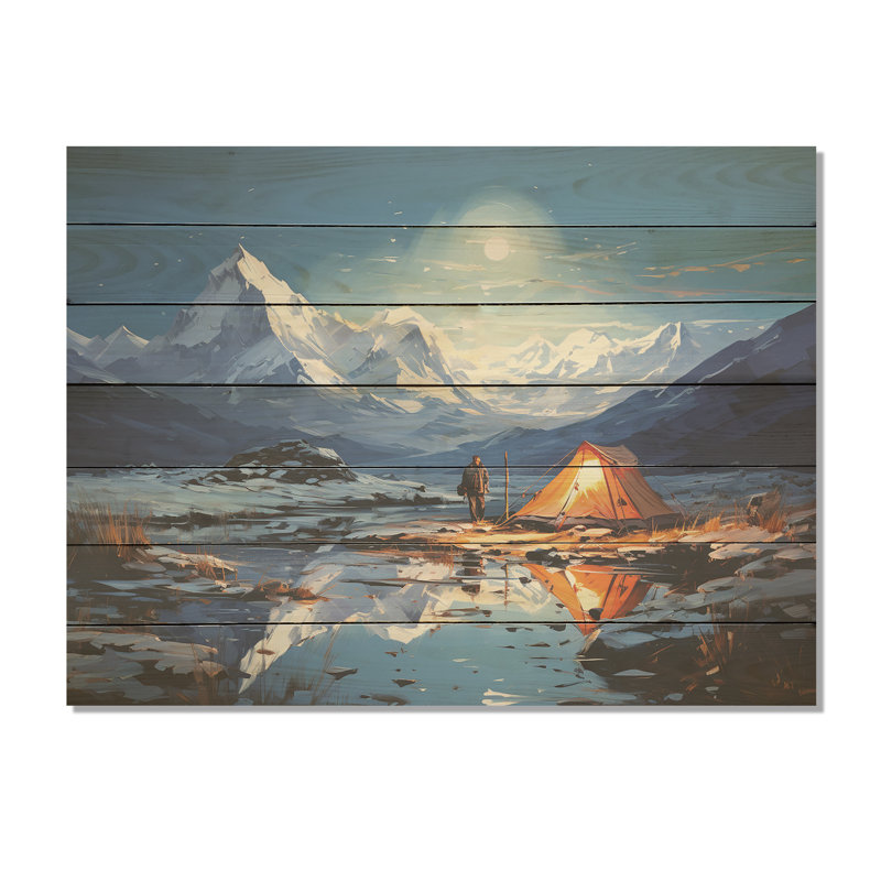 Mountain Camping Solitude III - Camping Travel On Wood Print, 10" H x 20" W