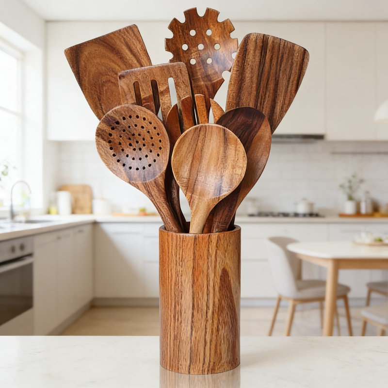 10-Piece Wooden Kitchen Utensil Set With Holder & Spoon Rest - Natural Wood Cooking Spoons, Spatulas, Pasta Server, Salad Fork, Skimmer For Non-Stick Cookware
