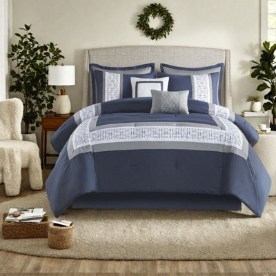 Hotel Style 8-piece Bedding Set, Navy Polyester Comforter With Elegant Embroidery For Luxurious Bedrooms