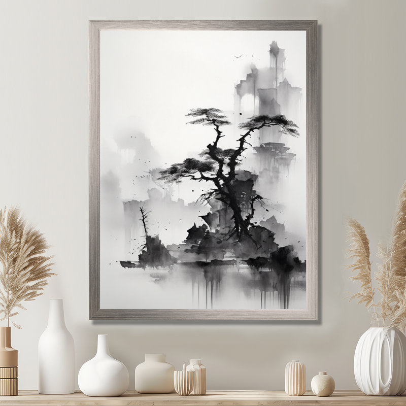 Asian Art Landscape Sumi On Canvas Print, 32" H x 24" W x 1" D, Brown Floater Framed